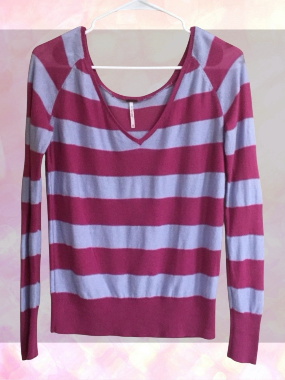 Free People Striped V-Neck Sweater in Magenta and Lavender